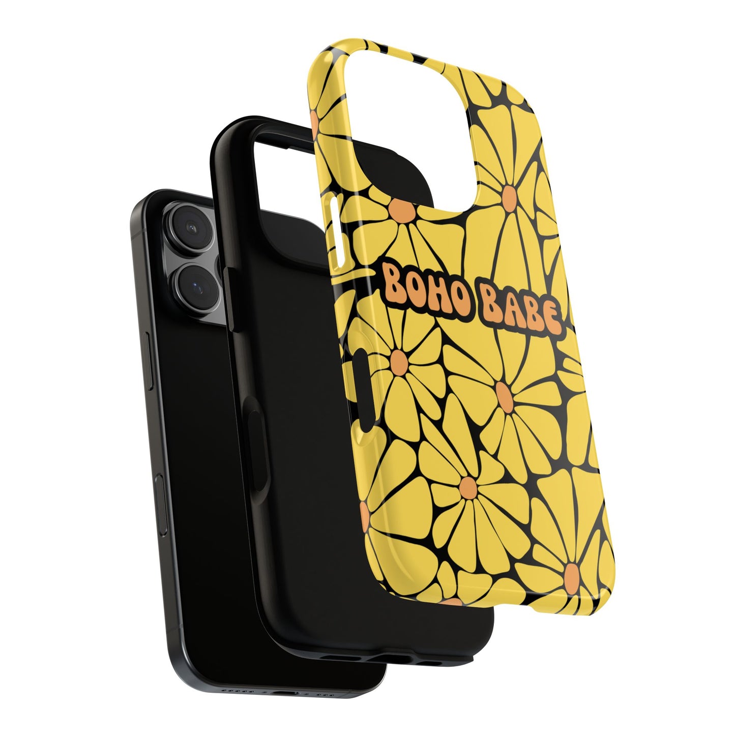 Boho Babe Yellow Flower Phone Case - Retro Boho Floral on Black Background, Bold Aesthetic Tough Case for iPhone & Samsung