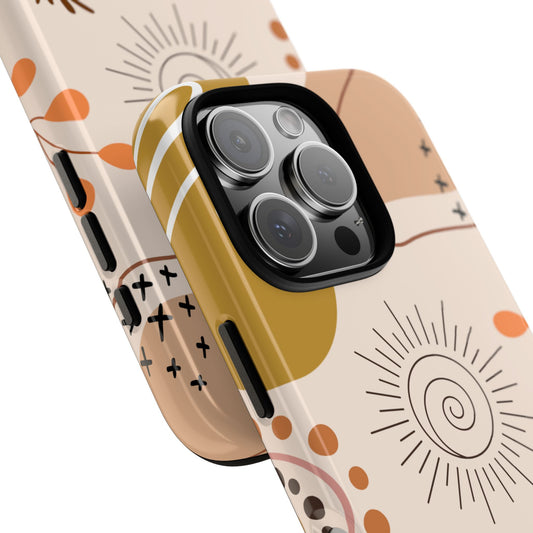 Boho Sunburst & Abstract Doodle Phone Case - Warm Artistic Design  - Modern Neutral Aesthetic