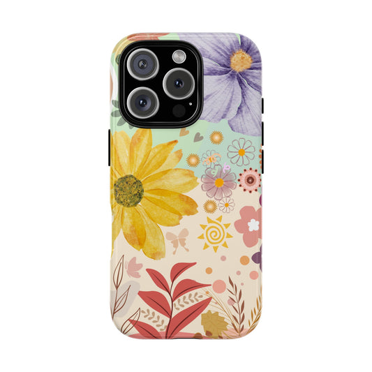 Boho Retro Sunflower Phone Case - Vintage Vibes with Hearts & Leaves