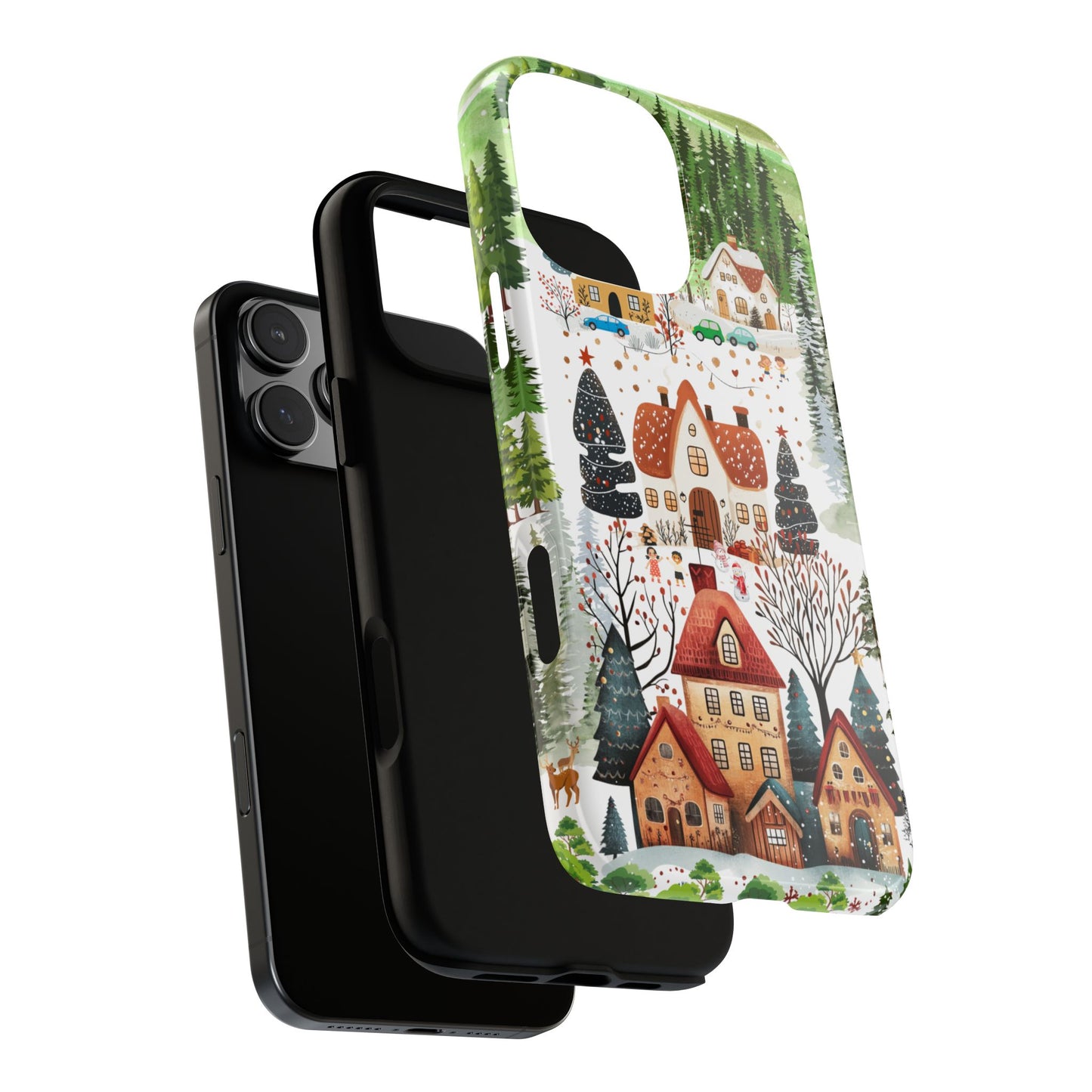 Scandi Christmas Village Tough Phone Case - Cozy Winter Cottage Scene - Nordic Festive Illustration