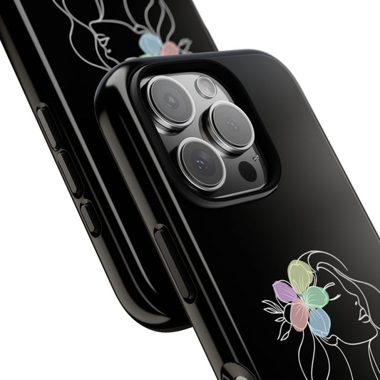 Be Yourself Minimalist Phone Case - Black Line Art with Pastel Flowers & Heart Tattoo - Feminine Empowerment  Cover