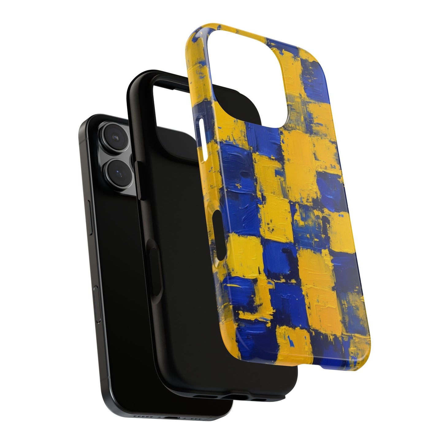 Blue & Yellow Abstract Phone Case - Bold Textured Square Pattern Tough Protective Cover