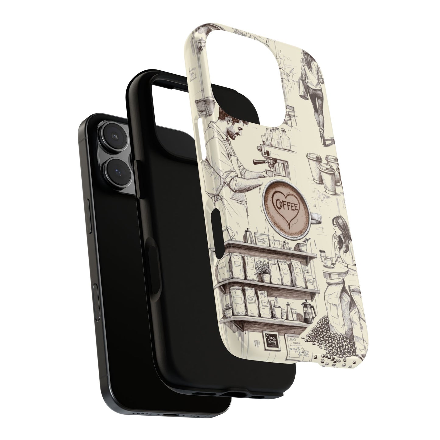 Café Culture Coffee Lover Sketch Tough Phone Case - Sketched Coffee Scenes for iPhone, Samsung & Google Pixel, Check Description for Models