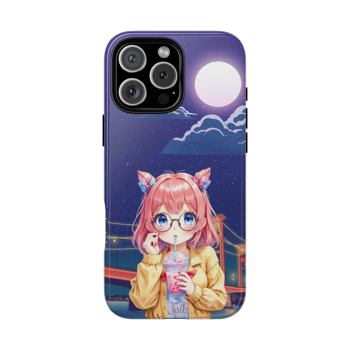 Moonlit Bridge Girl - Anime Style Tough Phone Case - Aesthetic Night Sky Design - Protective & Stylish Cover