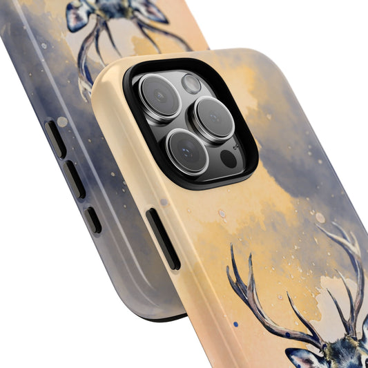 Stag Tough Phone Case - Forest Wildlife Art - Watercolor Golden And Blue Design
