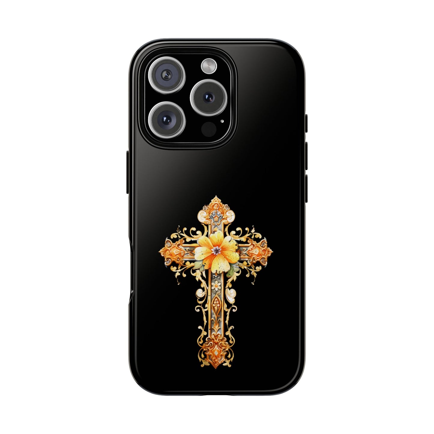 Baroque Cross Floral Tough Case for iPhone & Samsung - Ornate Faith Design on Black - Religious Gift Idea