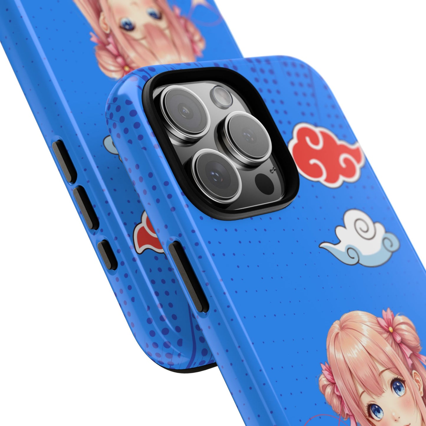 Blue Cloud Cat Girl - Kawaii Anime Style Tough Phone Case - Pink Hair Art & Cat Companion