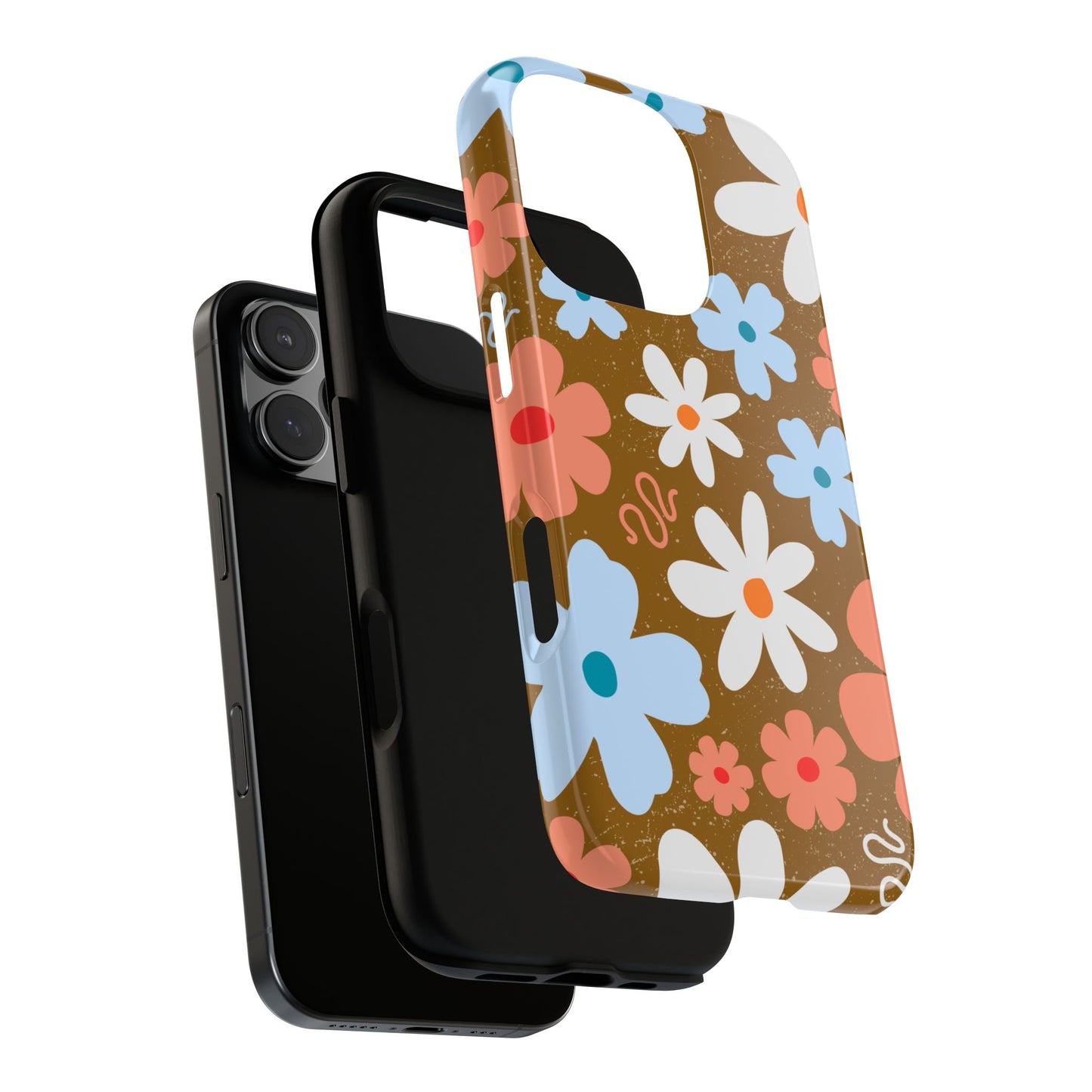 Brown Retro Boho Floral Phone Case - Groovy 70s Style Tough Case for iPhone & Samsung - Blue Coral Daisy Flower Pattern Cover