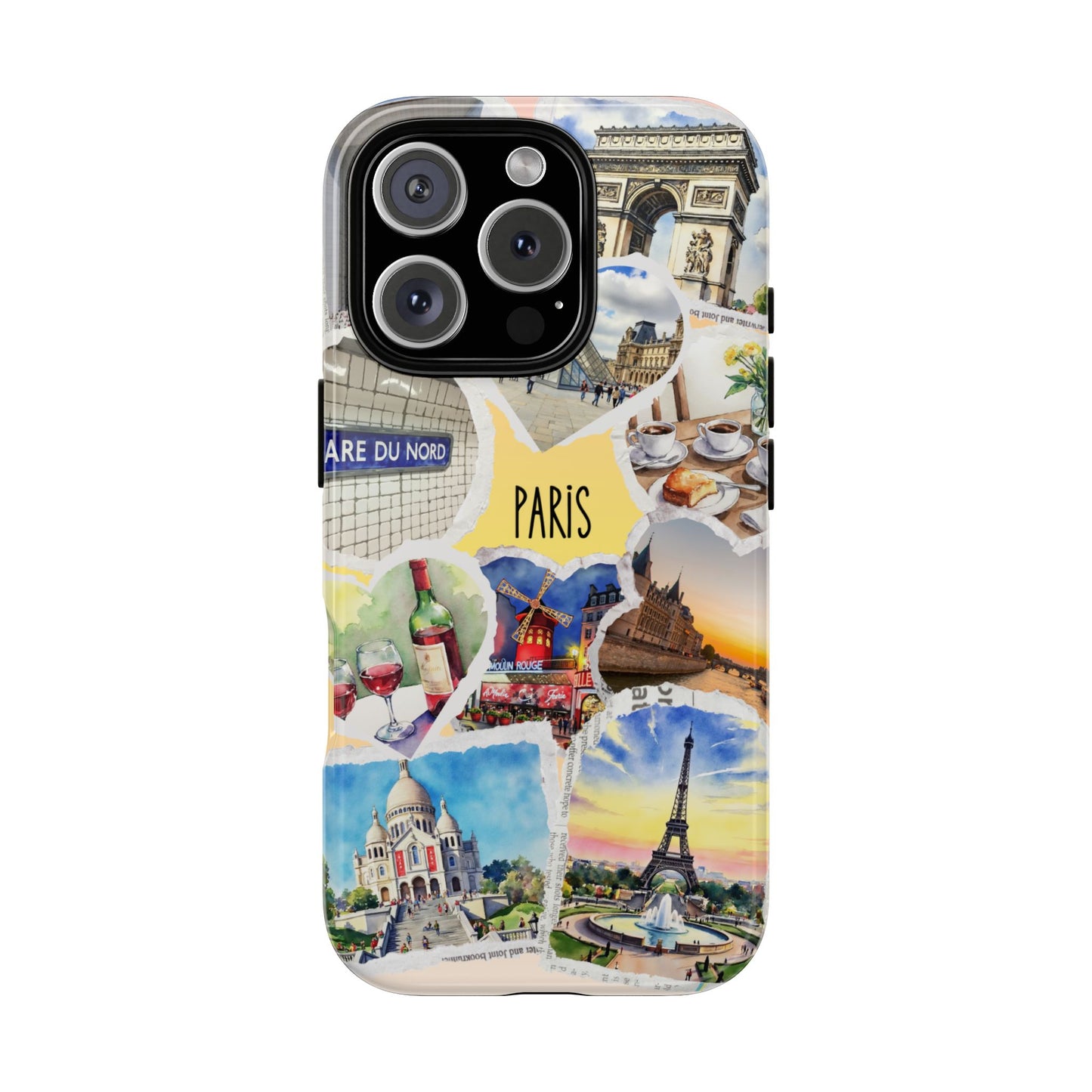 Paris France Tough Phone Case - Watercolor Collage of Eiffel Tower, Louvre, Wine & Coffee - Romantic Travel Gift for Her or Him