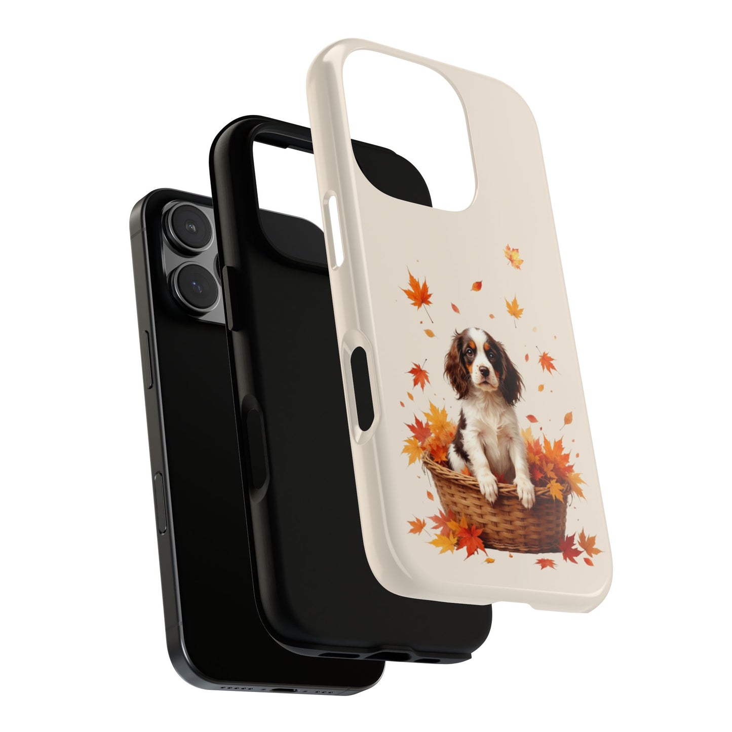 Phone Case, Springer Spaniel Puppy in Basket Among Autumn Leaves, Dog Lover Gift, Fall Accessory, Seasonal Phone Cover, Unique Fall Design