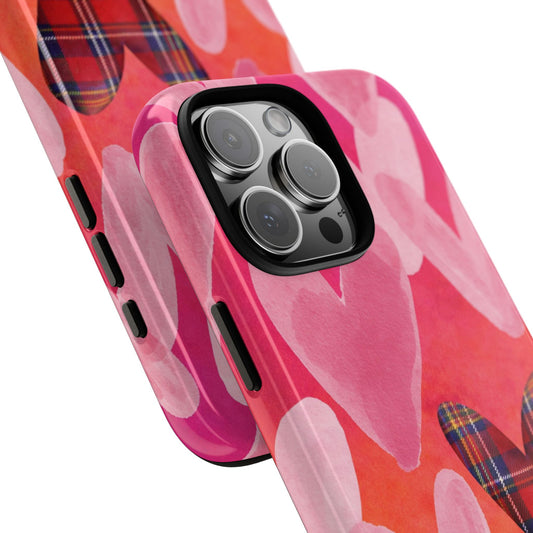 Tartan Heart Valentine Phone Case - Watercolor Pink Hearts Pattern - Scottish Love Gradient