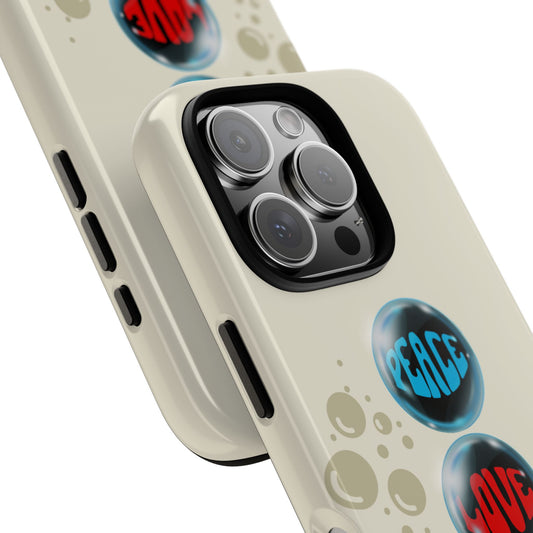 Peace, Love, Happiness Tough Phone Case - Retro Bubble Design on Cream Background for Popular Smartphones