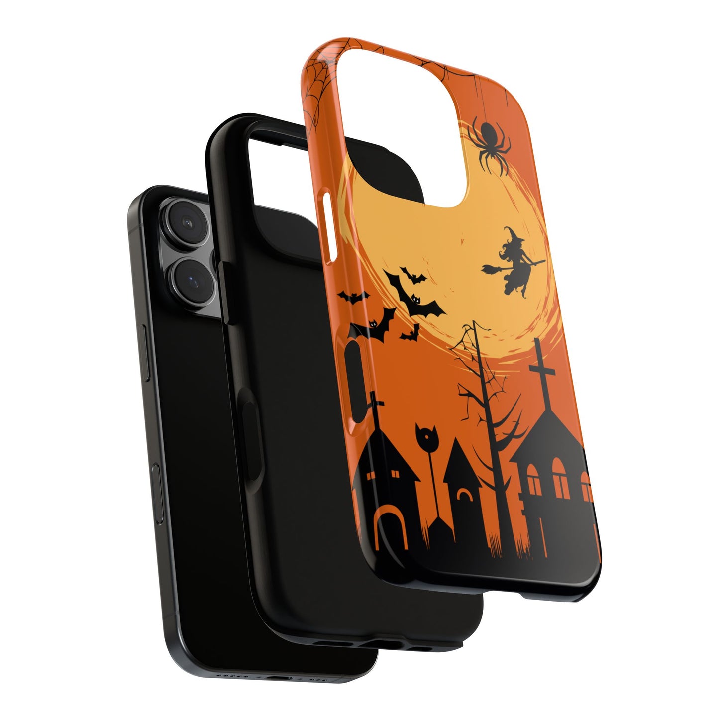Halloween Tough Phone Case for Popular Smartphones - Witch Flying Past Moon Design