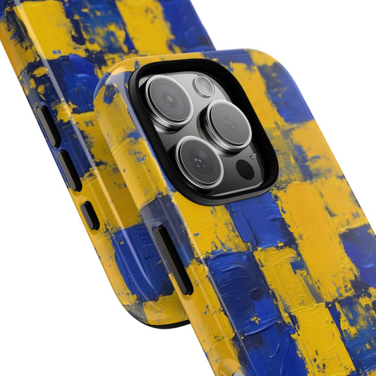 Blue & Yellow Abstract Phone Case - Bold Textured Square Pattern Tough Protective Cover