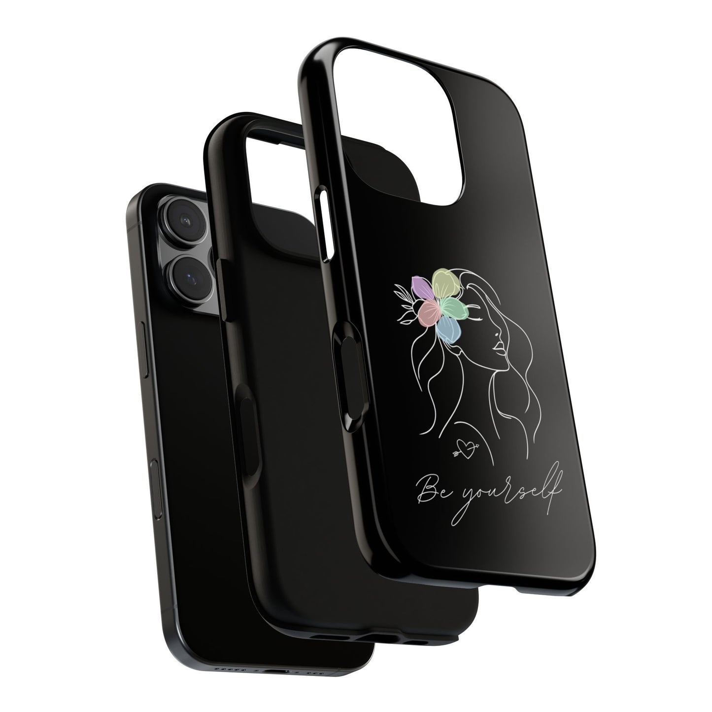 Be Yourself Minimalist Phone Case - Black Line Art with Pastel Flowers & Heart Tattoo - Feminine Empowerment iPhone Samsung Cover