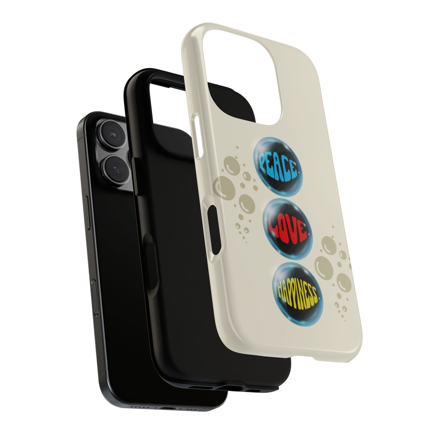 Peace, Love, Happiness Tough Phone Case - Retro Bubble Design on Cream Background for iPhone 16 to 11, Samsung S25 to S20 & Google Pixel