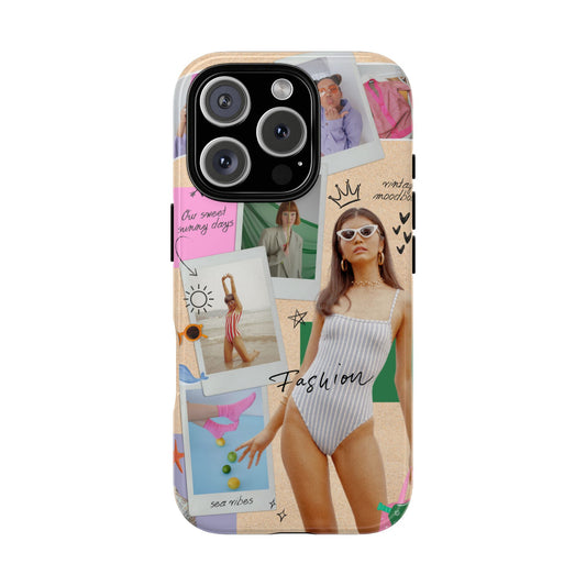 Vintage Summer Fashion Collage Tough Phone Case - Retro Moodboard Style for Popular Smartphones - Beach Vibes and Y2K Aesthetic