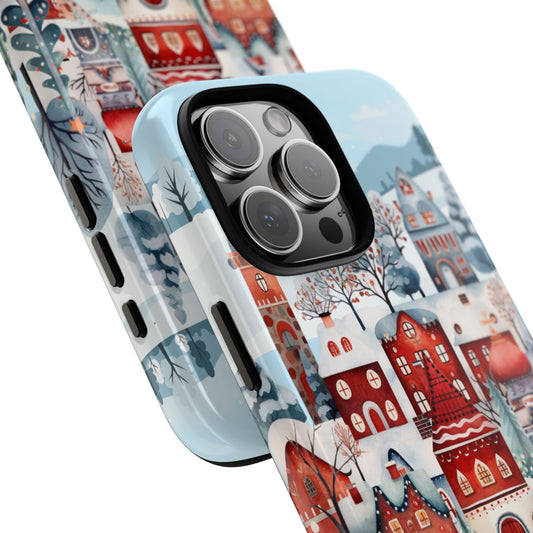 Scandinavian Winter Village Tough Phone Case with Festive Red Houses