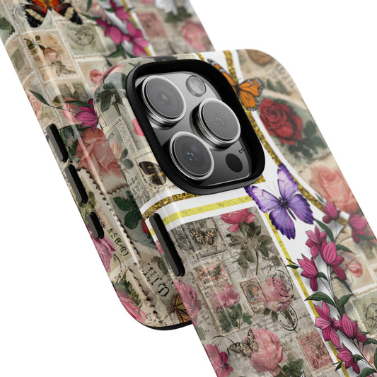 Vintage Butterfly & Rose Phone Case - Floral Collage Art - Tough Cottagecore Design