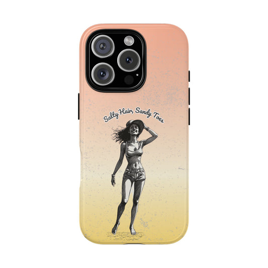Salty Hair Sandy Toes Phone Case - Retro Summer Beach Girl Art for Popular Smartphones - Barefoot Vibes Tough Case - Aesthetic Sunset Colors