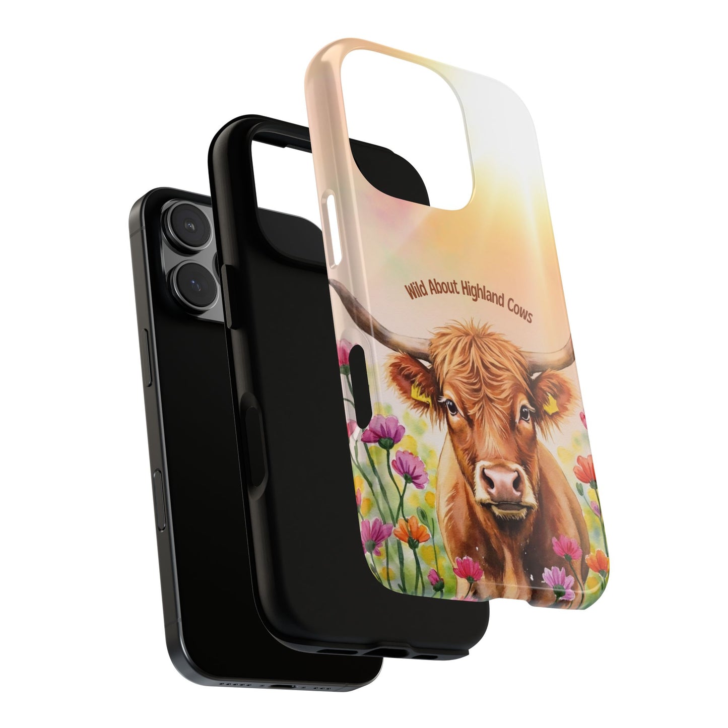 Highland Cow in Wildflower Meadow - Rustic Watercolor Tough Phone Case for Popular Smartphones