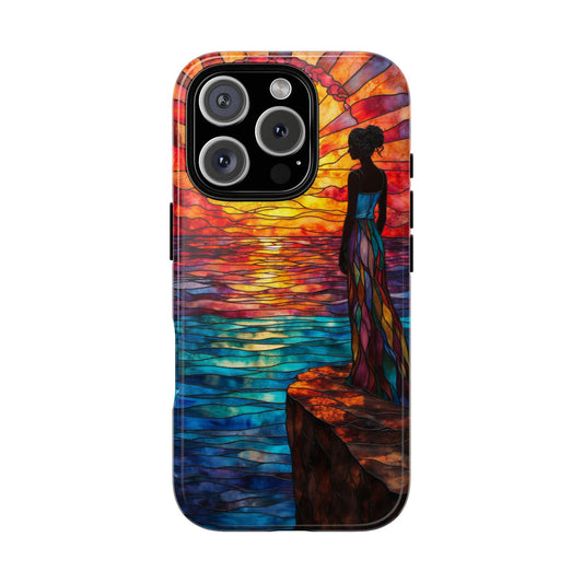 Artistic Stained Glass Phone Case, Vibrant Sunset Silhouette Design, Tough Colorful Phone Cover, Unique Gift Idea