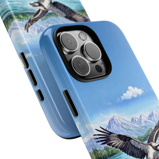 Osprey Fishing Scene Tough Phone Case - Mountain Lake Wildlife Design - Bird Illustration With Salmon Nature Art Cover