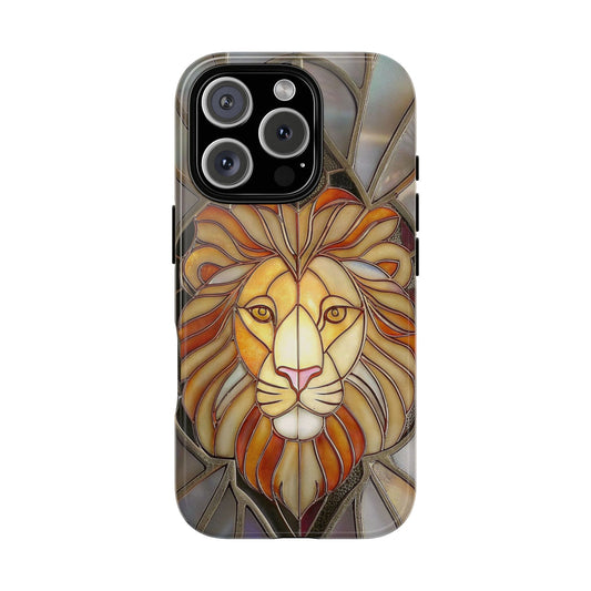 Stained Glass Lion Face Tough Phone Case - Iridescent Mosaic in Fiery Orange Tones for Popular Smartphones