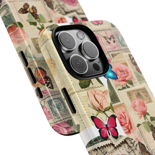 Butterfly Floral Phone Case - Vintage Rose Collage Art - Tough Protective Cover