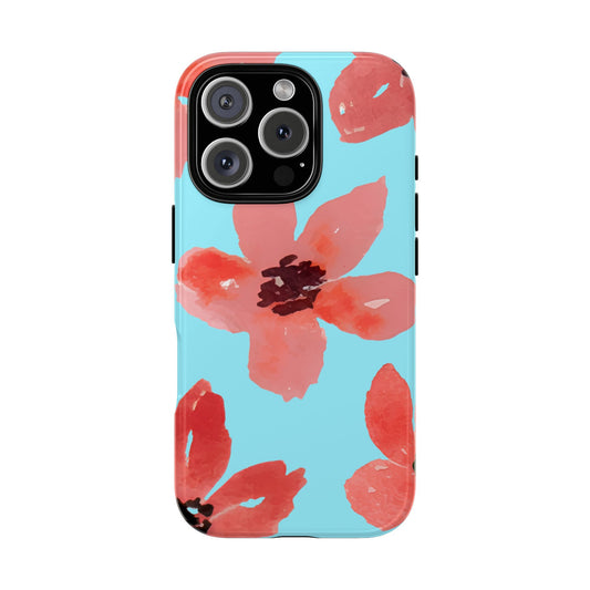 Retro Red Wildflowers on Pale Blue - Loosely Painted Watercolor Tough Phone Case, for popular smartphones