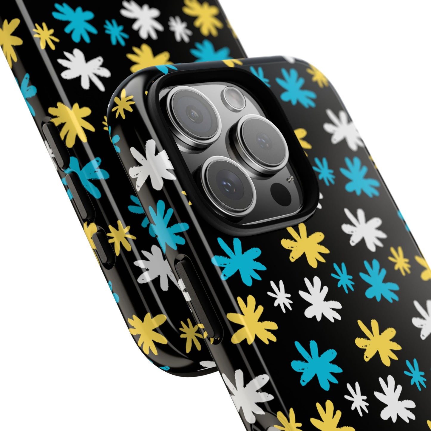 Dopamine Daisy Tough Phone Case - Bright Blue, Yellow & White Flowers on Black for iPhone and Samsung
