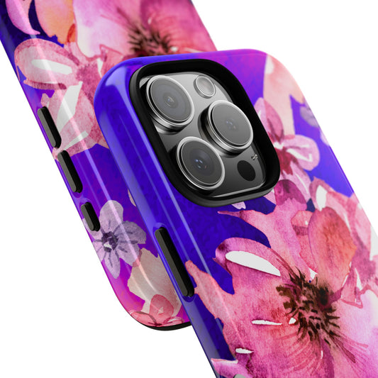 Cottagecore Floral Tough Phone Case - Watercolor Pink & Purple Flowers Gift for Her