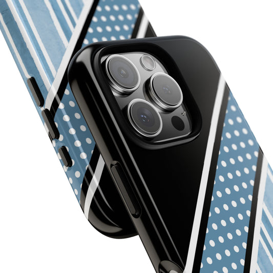 Polka Power Stripe Tough Phone Case - Abstract Pale Blue, Black & White with Diagonal Detail