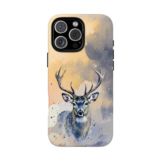 Stag Tough Phone Case - Forest Wildlife Art - Watercolor Golden And Blue Design