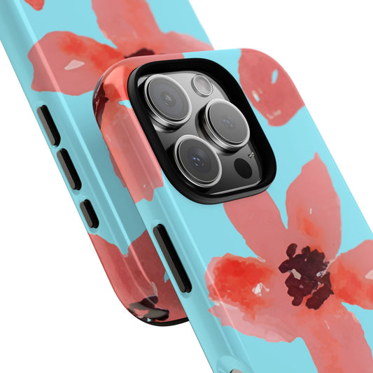 Retro Red Wildflowers on Pale Blue - Loosely Painted Watercolor Tough Phone Case, for popular smartphones