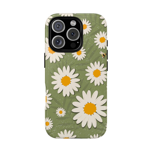 Daisy Days Phone Case - Vintage Style Floral Tough Case for Popular Smartphones - Retro Daisies on Green Background