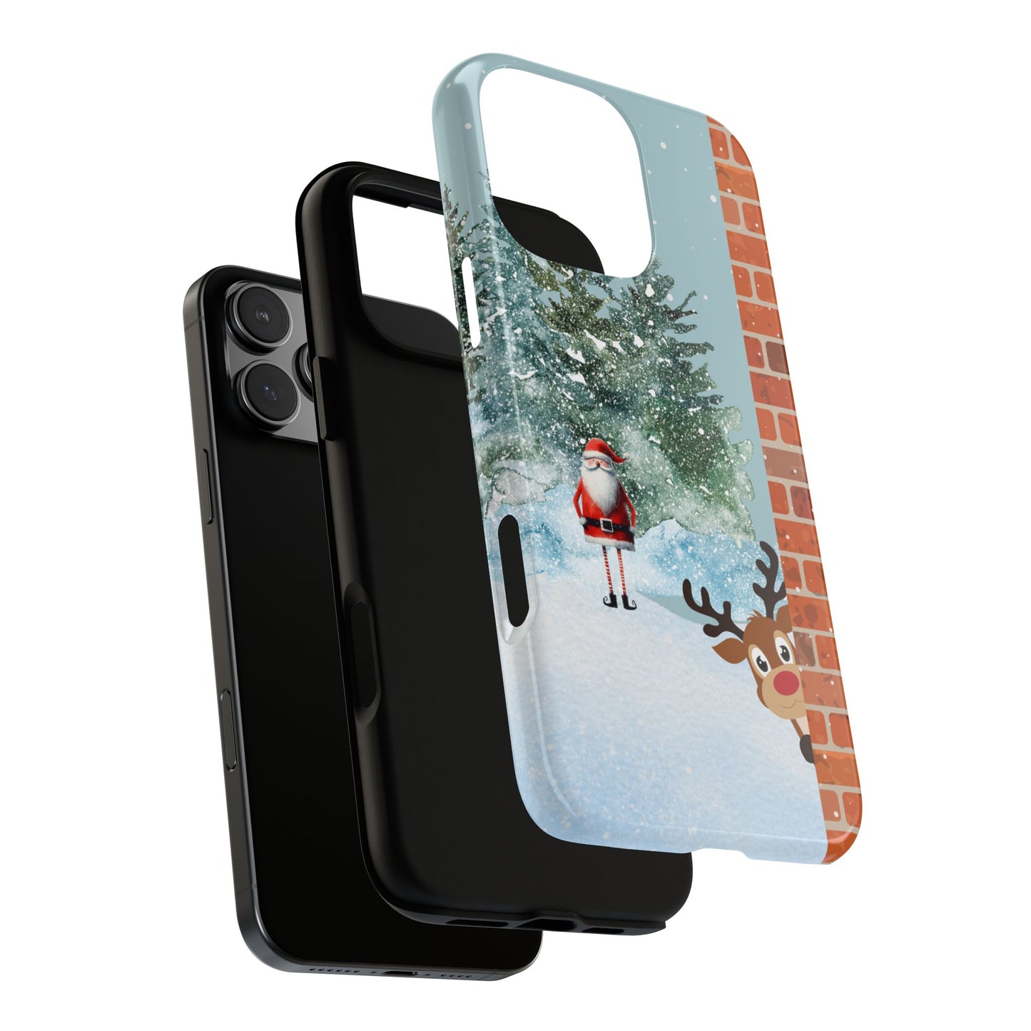 Santa & Reindeer Peek Tough Phone Case - Christmas Cartoon Design with Winter Forest Scene