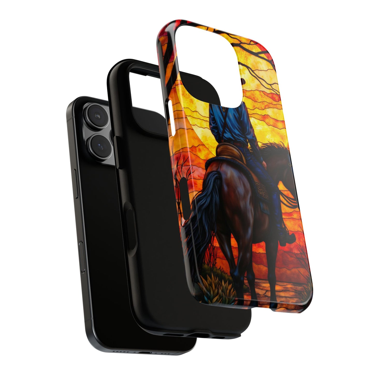 Sunset Cowboy Stained Glass Phone Case, 3D Mosaic Tough Cover for , Protective Artistic Phone Gift