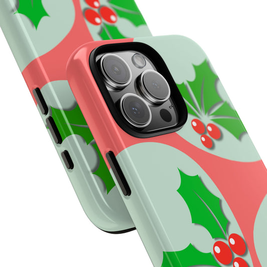 Retro Holly Christmas Tough Phone Case - Vintage Style Holiday Berries & Leaves Design