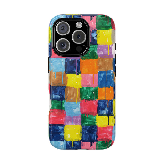 Abstract Color Block Phone Case - Bold Dripping Paint Squares Pattern - Artistic Tough Cover