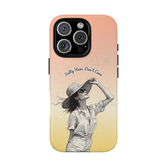 Salty Hair Don't Care Phone Case - Retro Summer Aesthetic Case for Popular Smartphones - Beach Babe Sketch Art - Soft Gradient Tough Case
