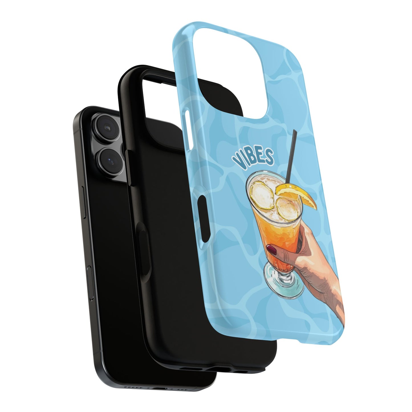 VIBES Phone Case - Poolside Cocktail Summer Case for iPhone & Samsung - Retro Fun Illustration - Orange Drink Art on Aqua Water Background