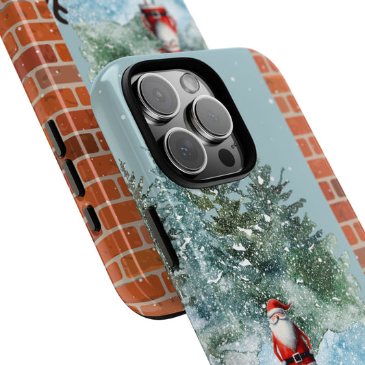 Santa & Reindeer Peek Tough Phone Case - Christmas Cartoon Design with Winter Forest Scene