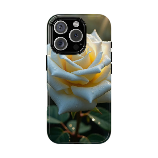 Phone Cases, White Rose Flower with Water Drops on Dark Background, Floral Accessories, Protective Cover, Floral Case, Unique Gift