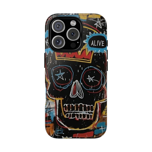 Crowned Skull Street Art Tough Phone Case - Basquiat-Inspired Design with Primal Scribbles for Popular Smartphones, Urban Art Style