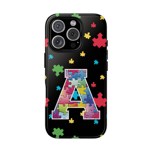 Autism Awareness Tough Phone Case - Colourful Letter A Puzzle Design - Protective Case for Popular Smartphones