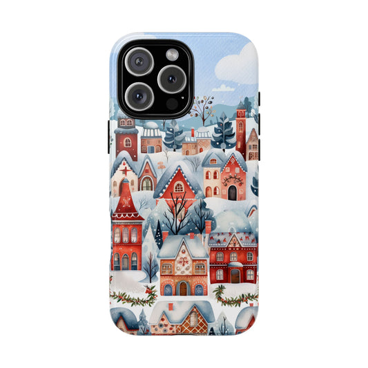 Nordic Christmas Village Tough Phone Case with Snowy Storybook Charm