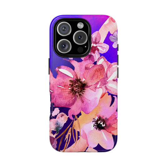 Cottagecore Floral Tough Phone Case - Watercolor Pink & Purple Flowers Gift for Her