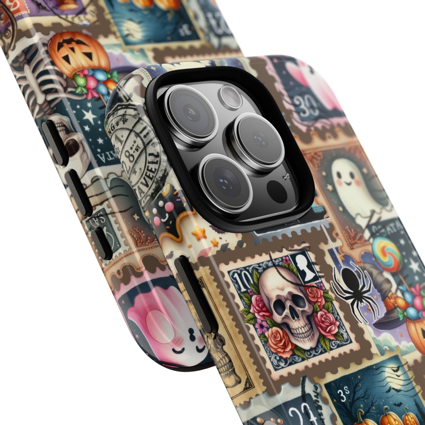 Cute Halloween Stamp Phone Case - Ghost Pumpkin Skull Cat Design - Spooky Fun Collage