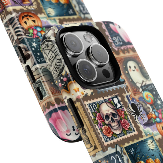 Cute Halloween Stamp Phone Case - Ghost Pumpkin Skull Cat Design - Spooky Fun Collage